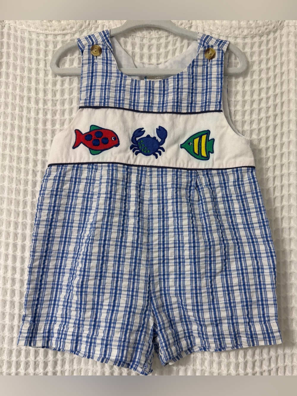 Vintage Blue Plaid Baby Romper with Fish & Crab Appliqué